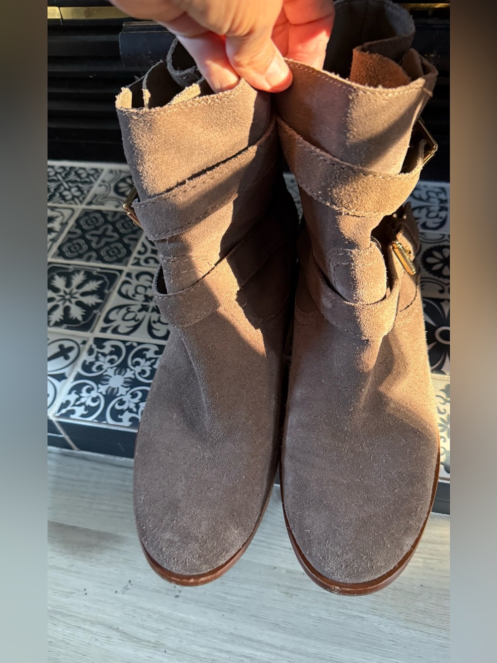 kate spade Taupe Suede Ankle Boots with Wrap Strap
